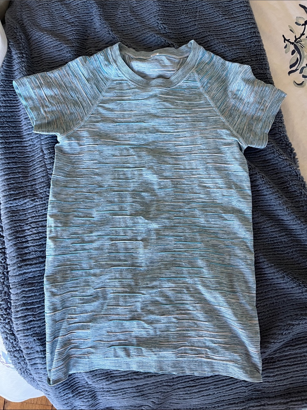 Athleta Light Blue, Grey, White Momentum Athletic Shirt -size small